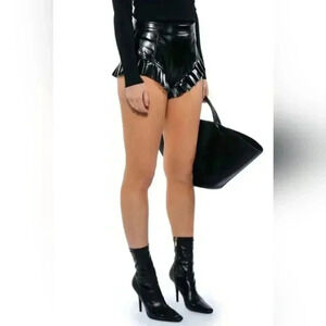 Shein Sxy Faux Liquid Leather PU Cheeky High Cut Shorts Ruffle Trim Blac…